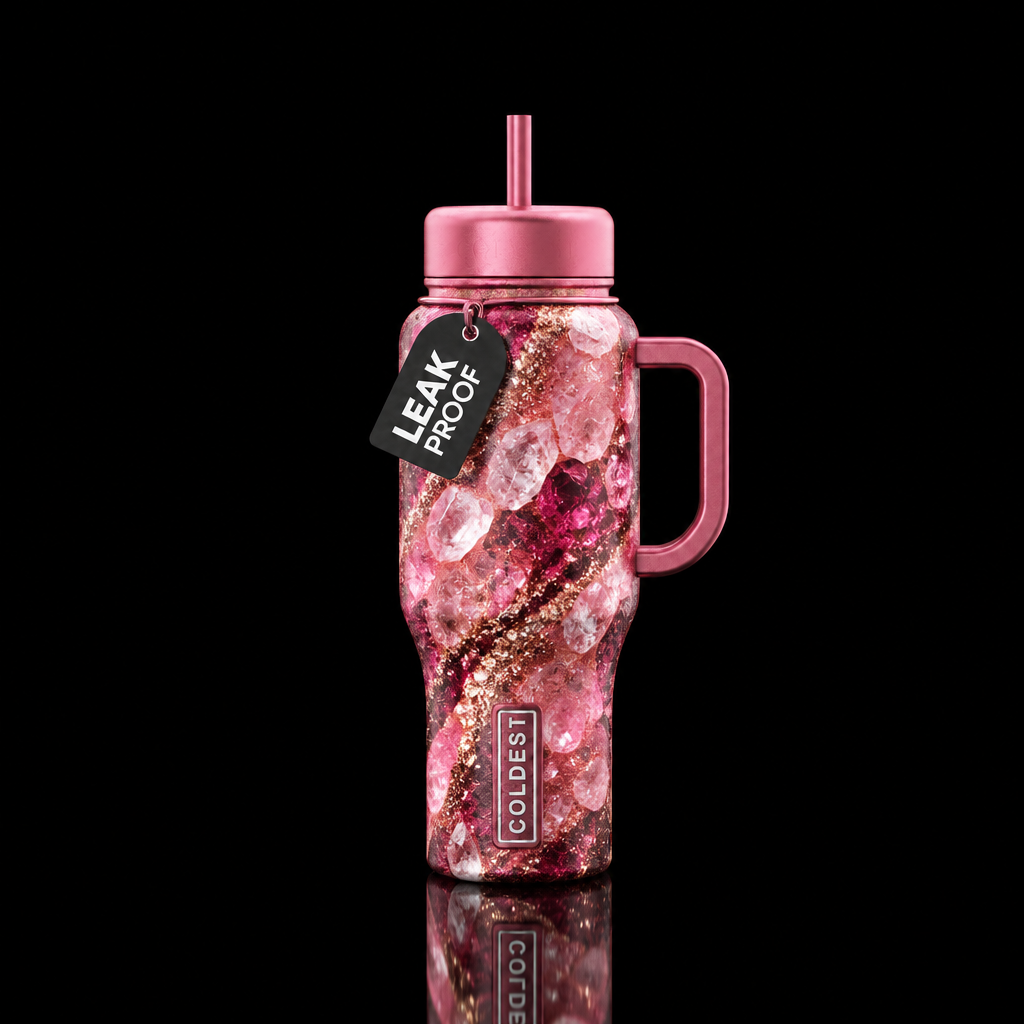 Pink crystals with a metallic dust dark and light ... water bottle design