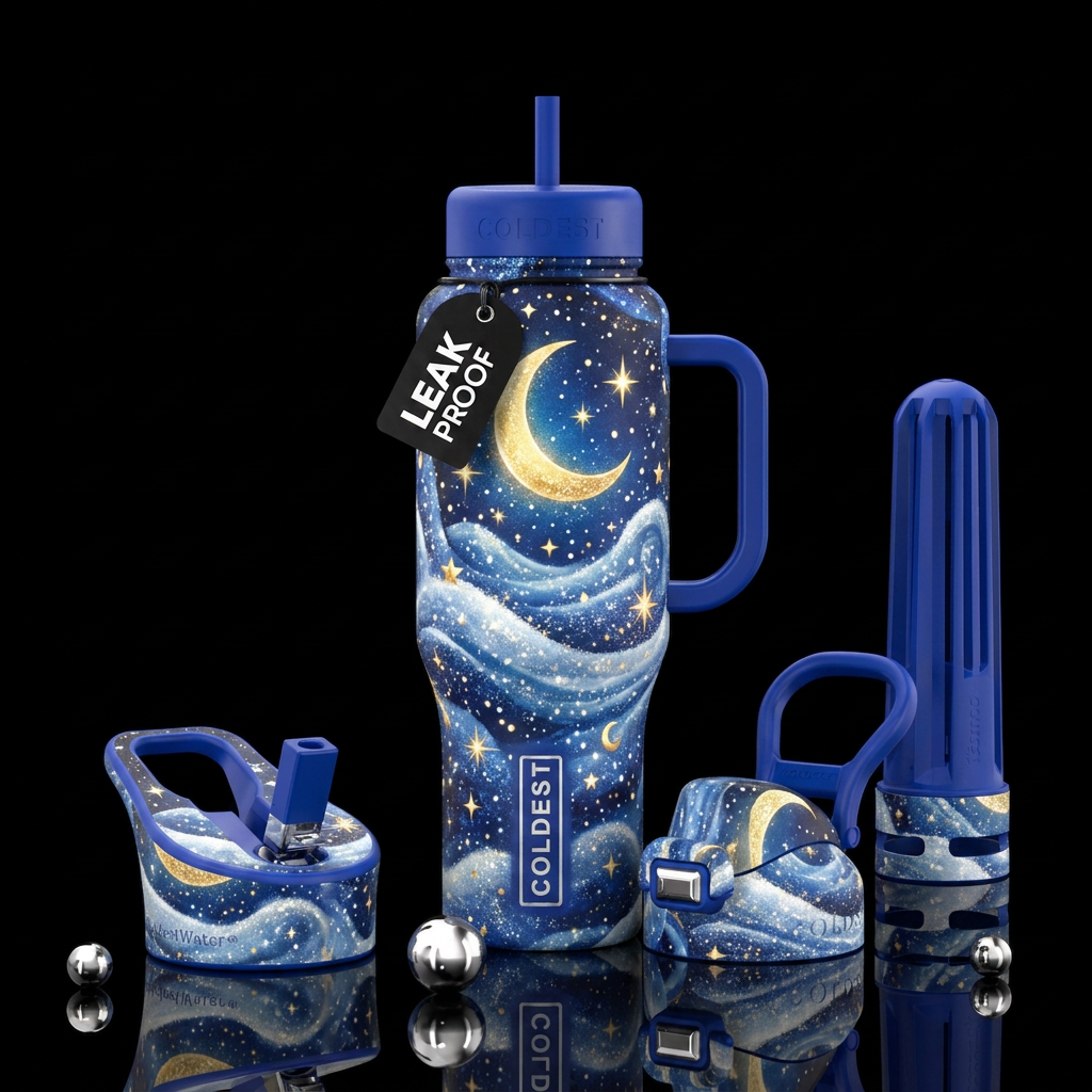 Crescent Moon, snow and stars water bottle design