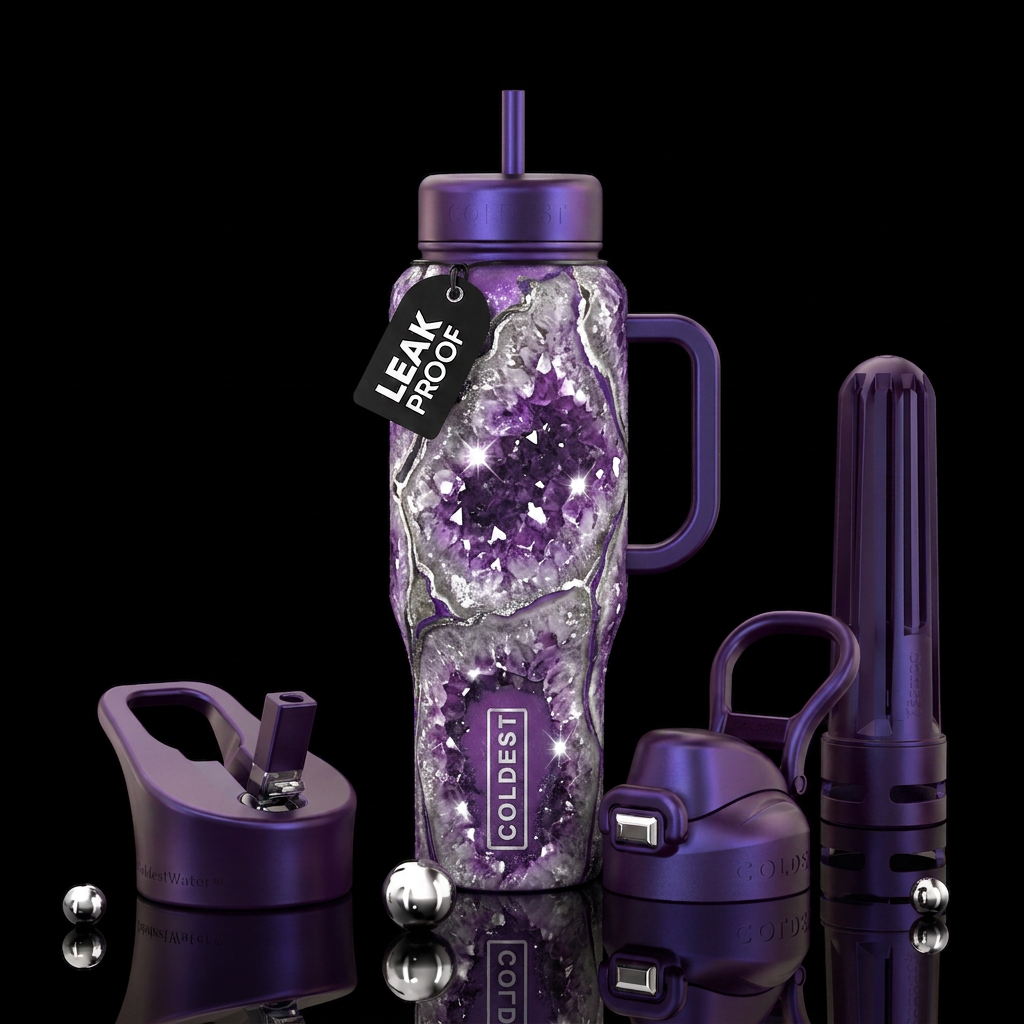 Geodes in silver, purple and white with shine water bottle design