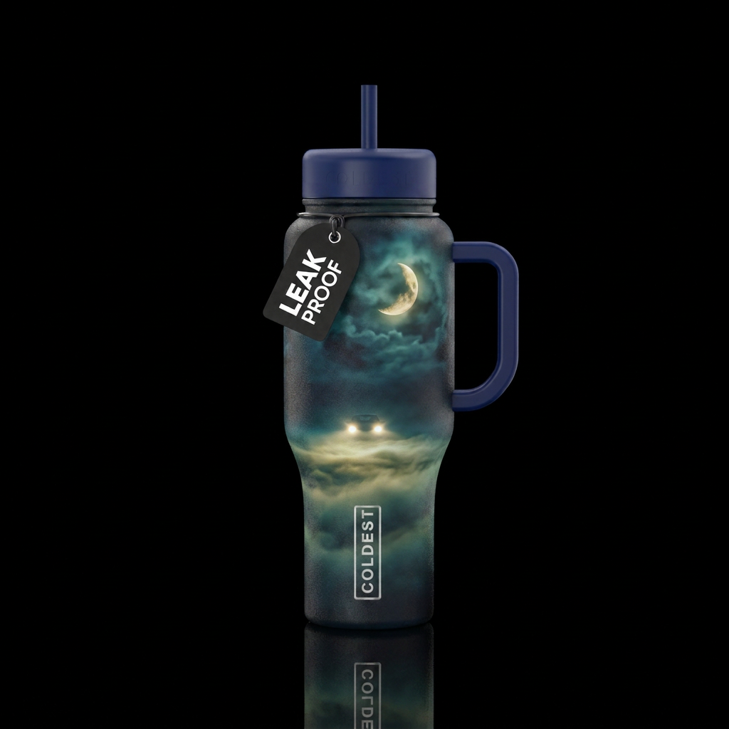 Car headlights in distance,  eerie fog and creepy ... water bottle design