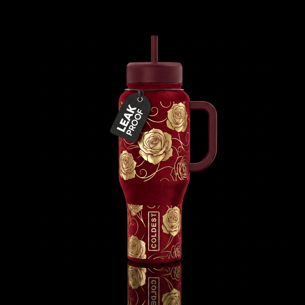 Golden roses on a velvet red background with light... water bottle design