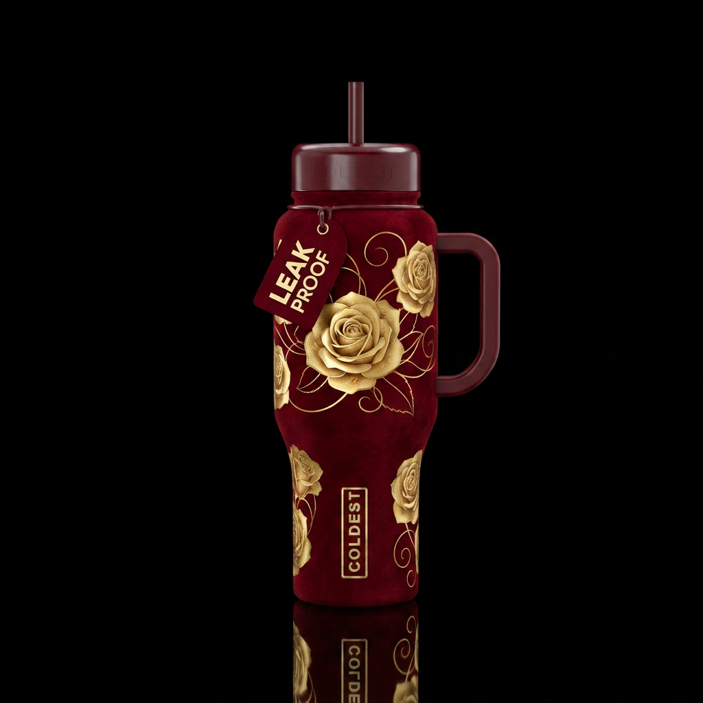 Golden roses on a velvet red background with light... water bottle design