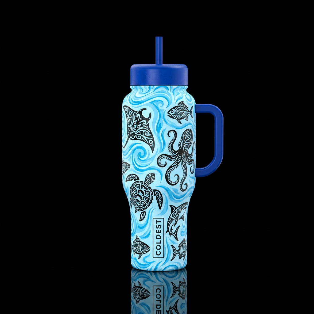 Black color Tribal design sea animals with baby bl... water bottle design