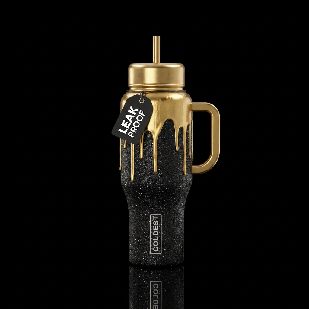 Black glitter bottle with gold drip from the top o... water bottle design