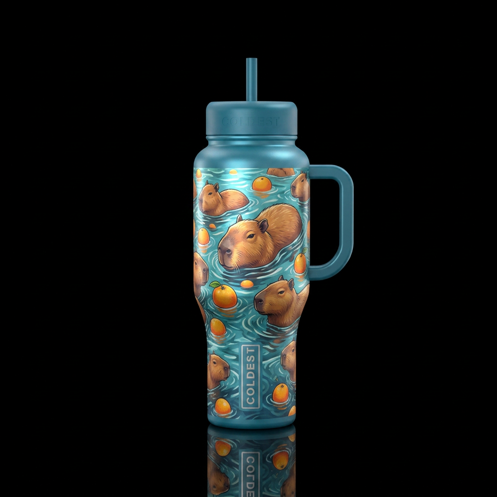 Capybara's floating in waterwith oranges water bottle design