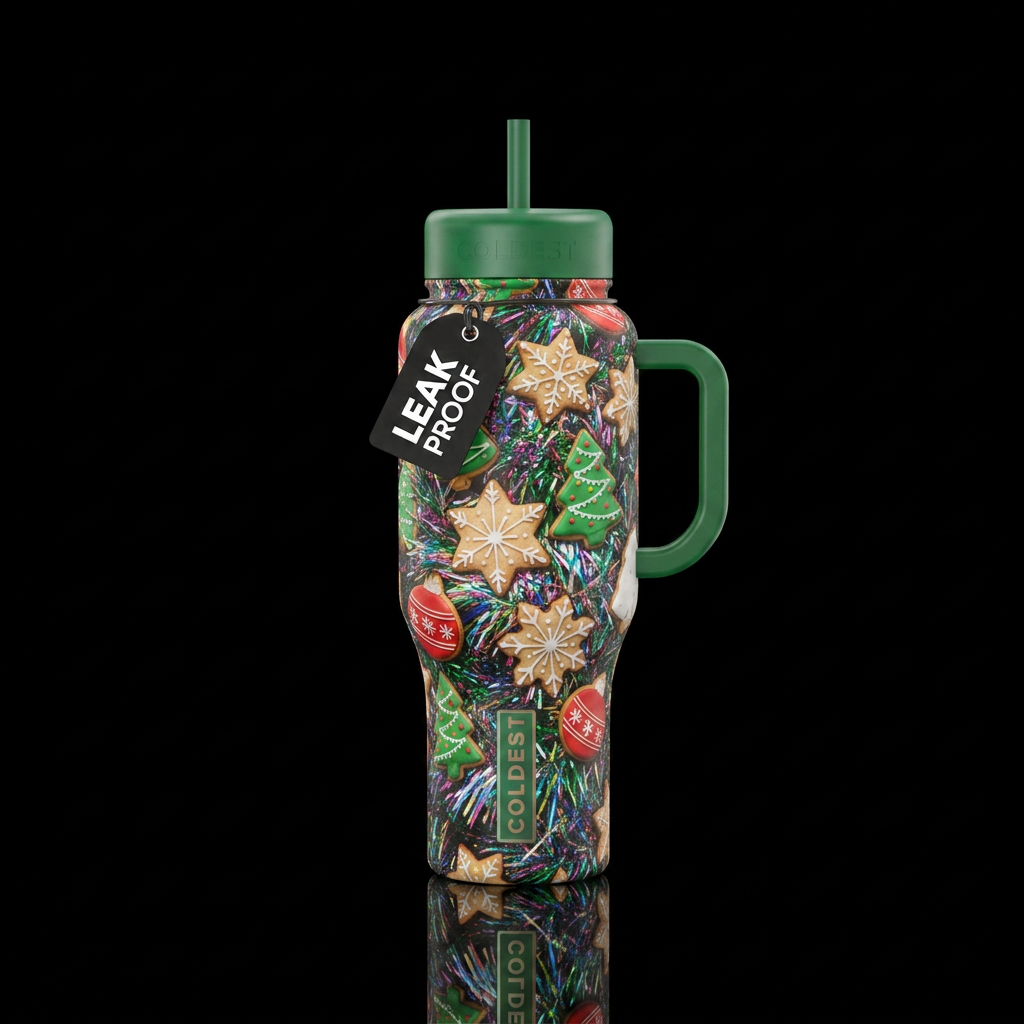 Christmas cookies with shiny tinsel water bottle design