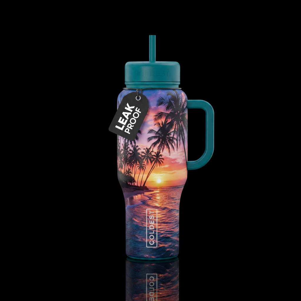 Palm trees, the coast and beach with a beautiful s... water bottle design