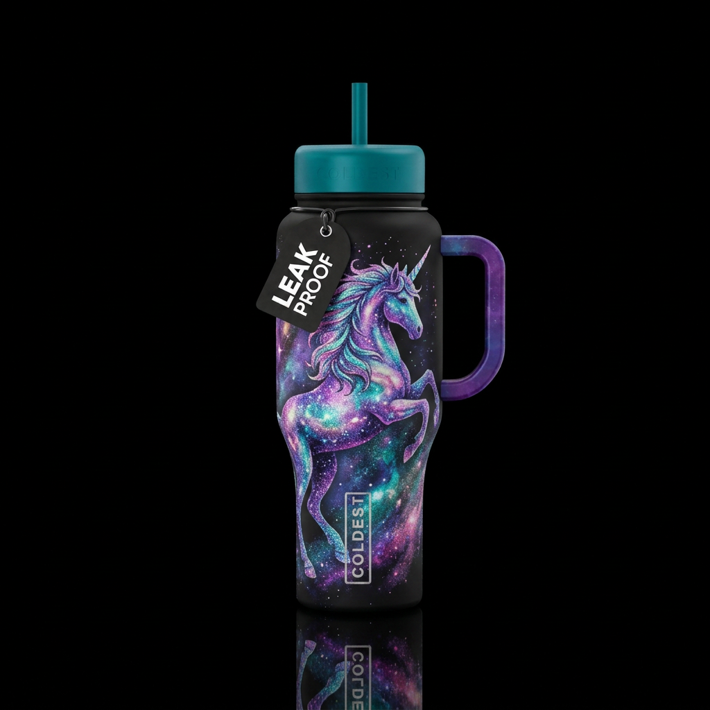 Cosmic unicorn in glitter water bottle design