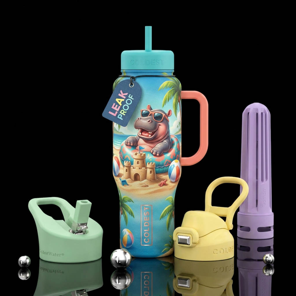 Baby hippo having a beach day water bottle design