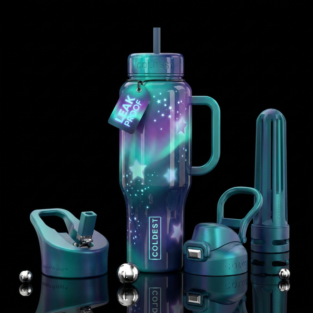 Arora, glowie, big med stars water bottle design