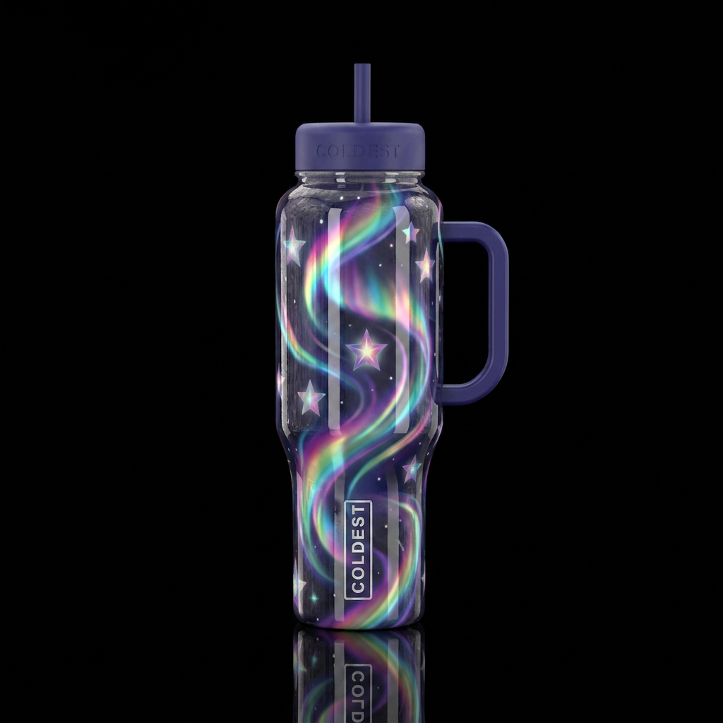 Arora, glowie, big med stars water bottle design