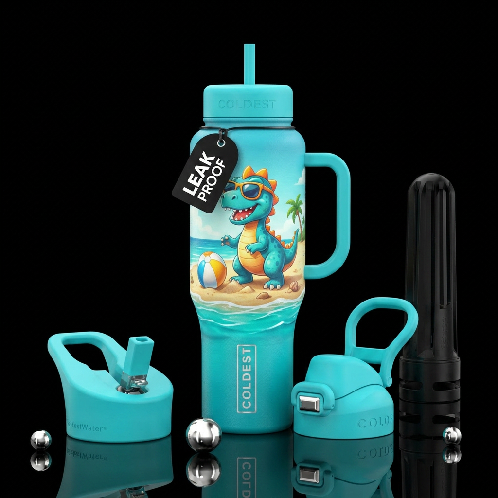 Baby Dino, fun at the beach water bottle design