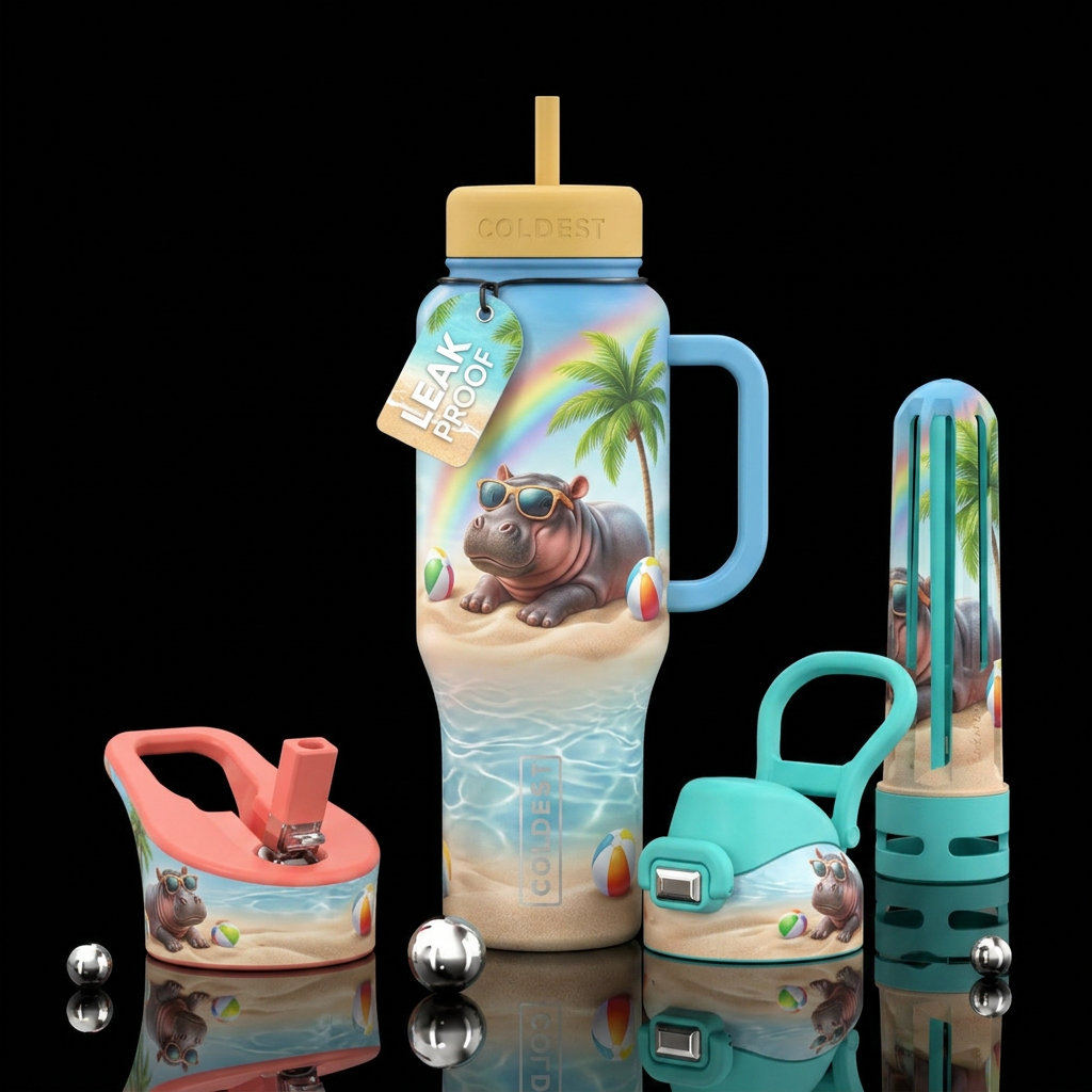 Baby hippo, beach day water bottle design