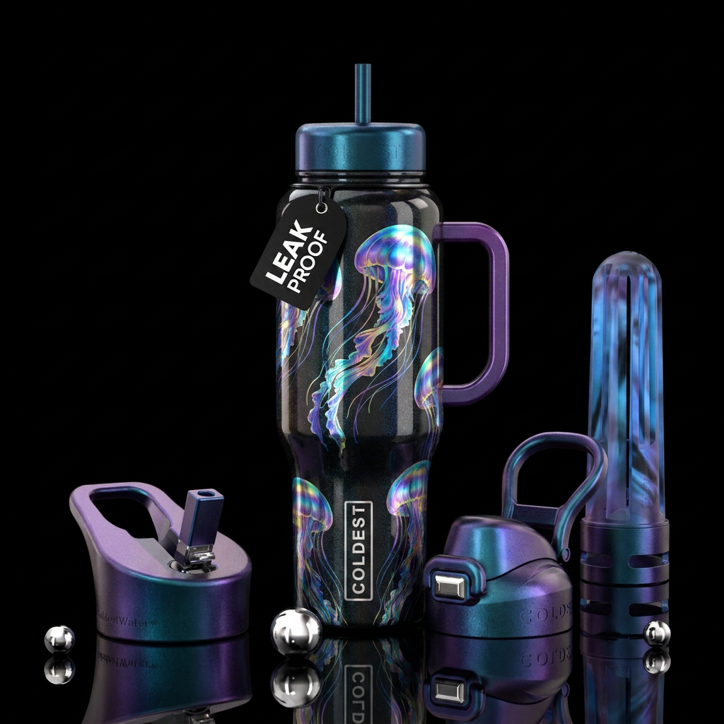 Shimmer black, Holographic jellyfish,  colorful water bottle design