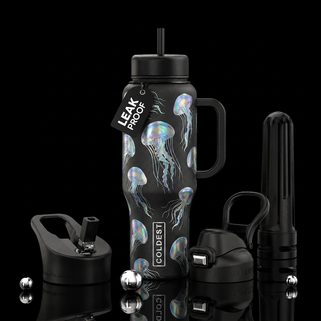 Black, Holographic,  jellyfish textured water bottle design