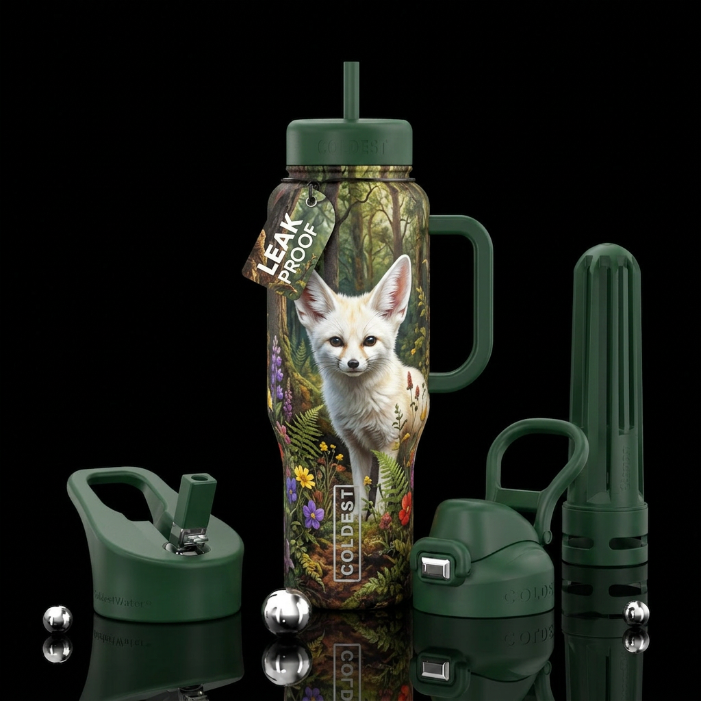 White Fennec fox, beautiful,  trees, weeds water bottle design