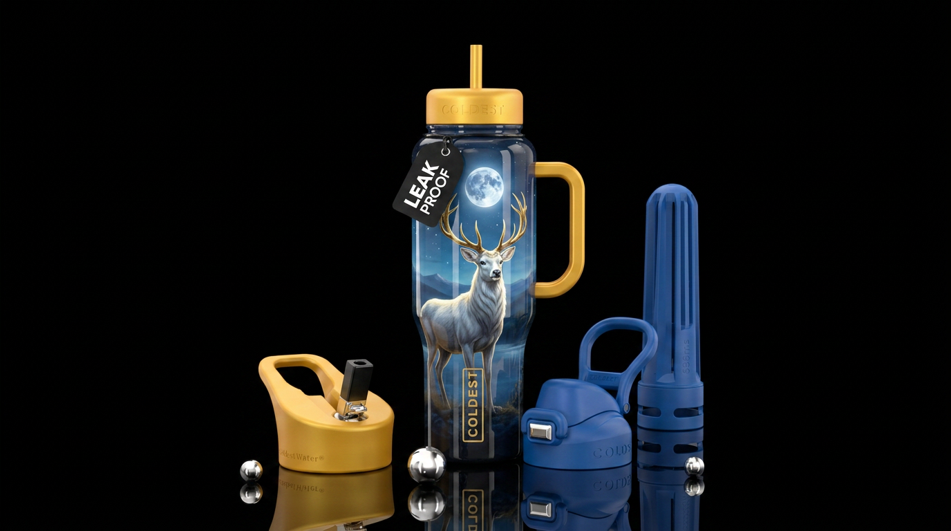 White buck , gold horns, moon view, shiny water bottle design