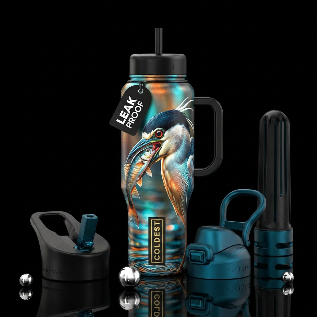 1 Black-crowned Night Heron, fish, mouth water bottle design