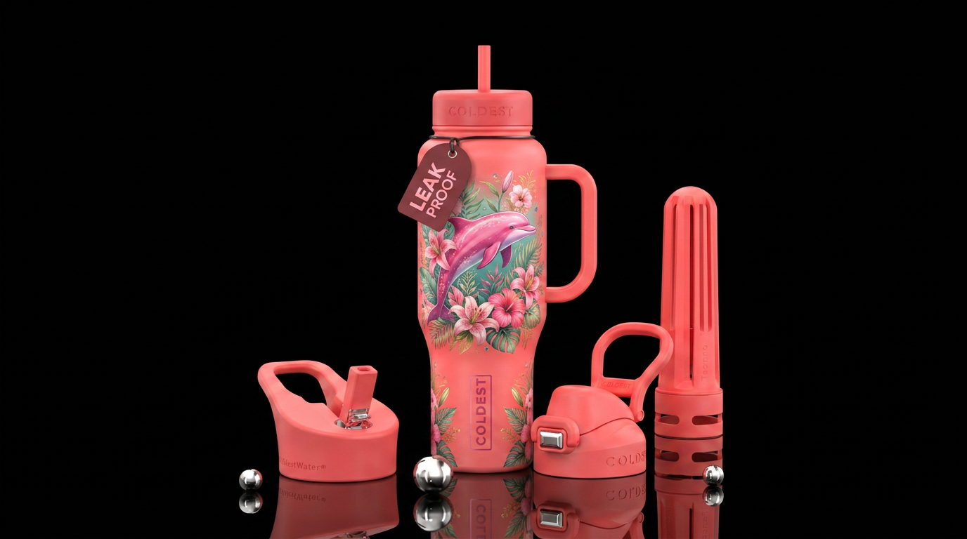 Pink dolphin,  floral, beautiful background water bottle design