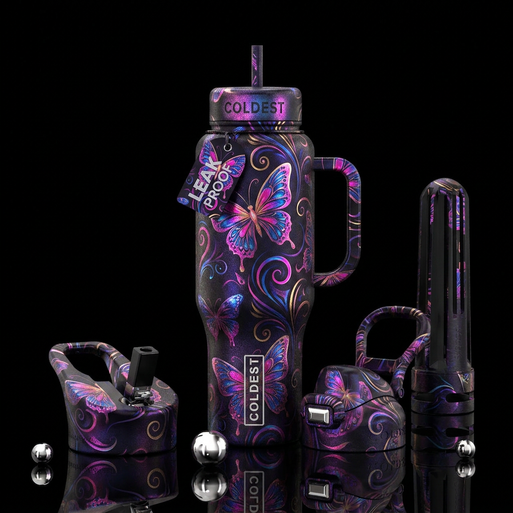 butterfly, swirls, modern, beautiul, glowie, dark ... water bottle design