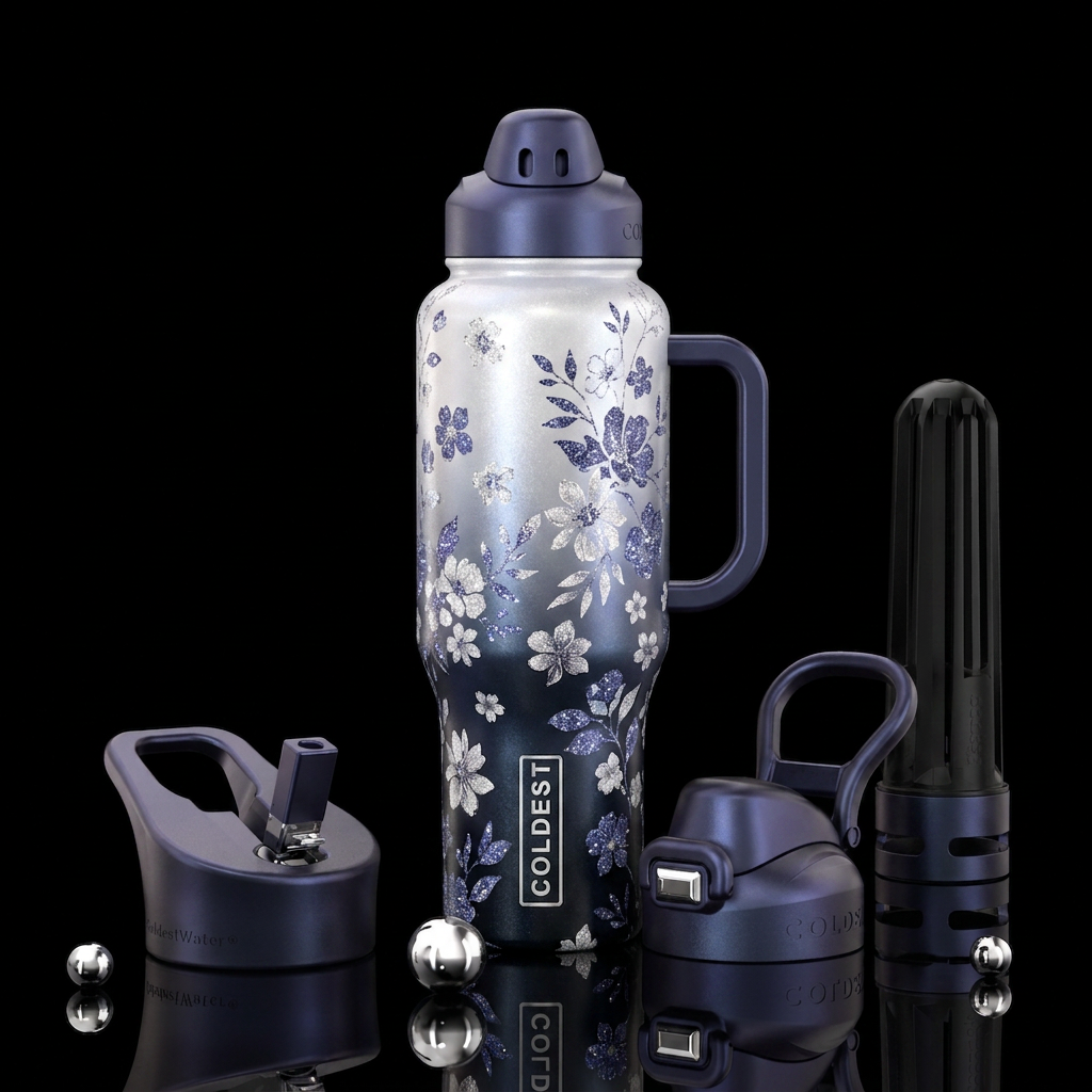 White shimmer, Moonlight sparking floral, beautifu... water bottle design