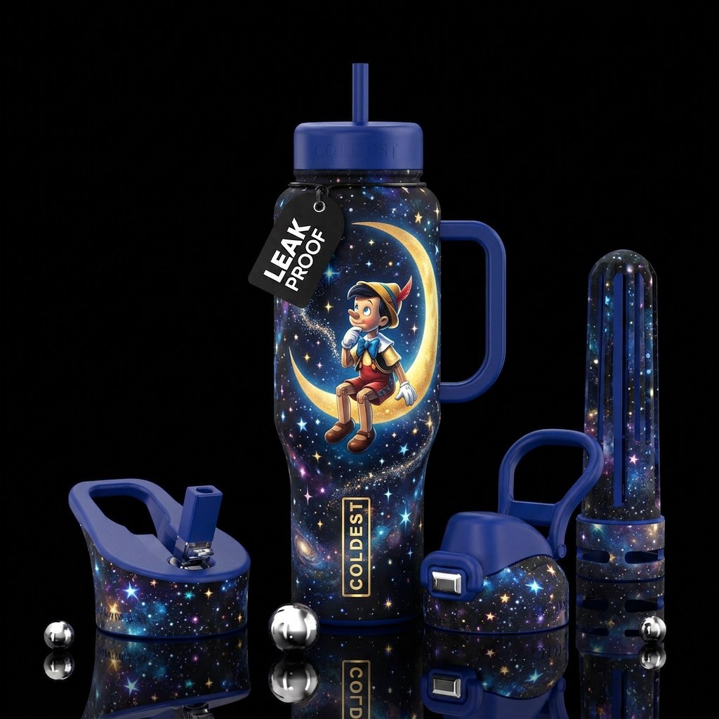 Pinocchio sitting on a half a moon twinkling stars water bottle design