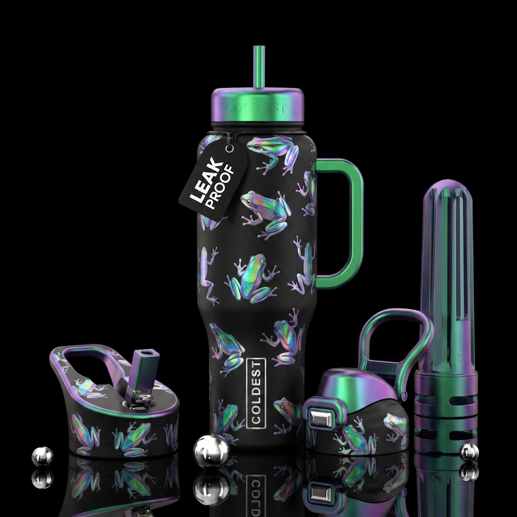 Holographic frogs water bottle design