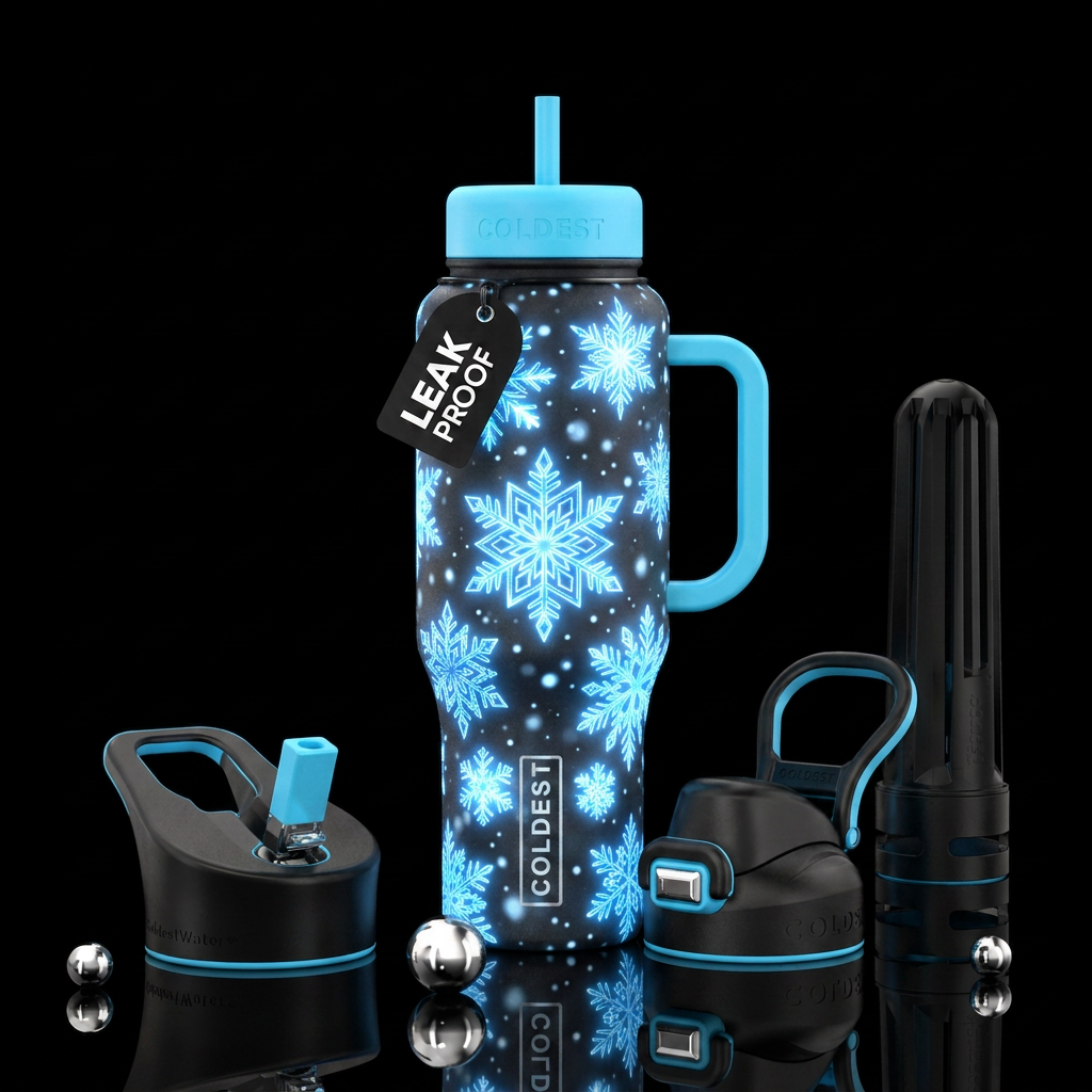 Snow, glowing snowflakes water bottle design