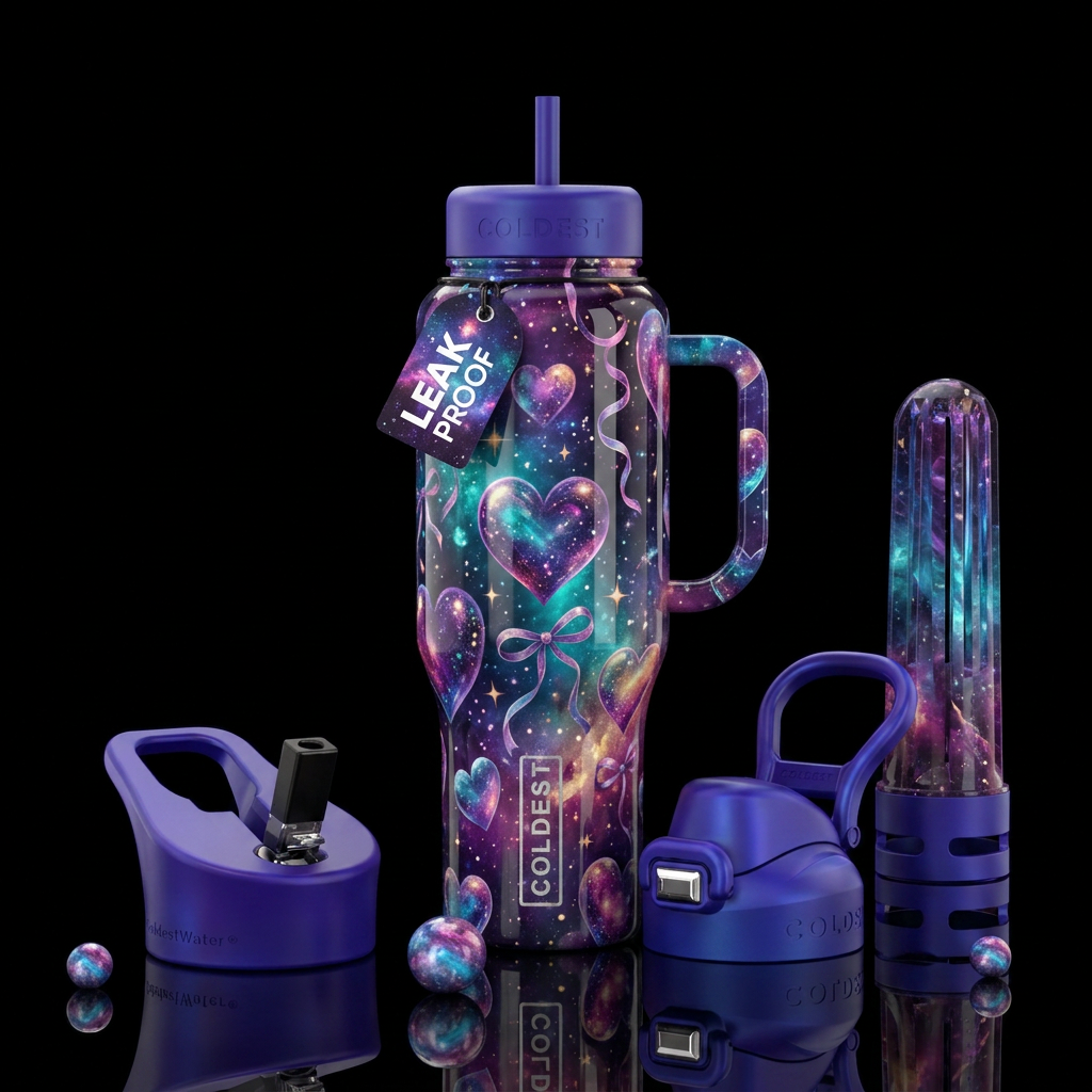 Galaxy hearts glass, ribbons, whimsical water bottle design