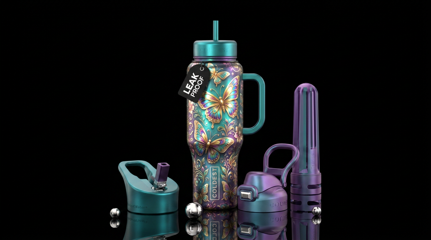 Metallic, glowie butterfly & floral water bottle design