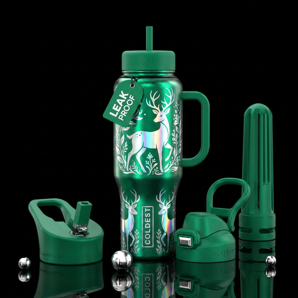 Metallic, white, holographic deer on a emerald gre... water bottle design