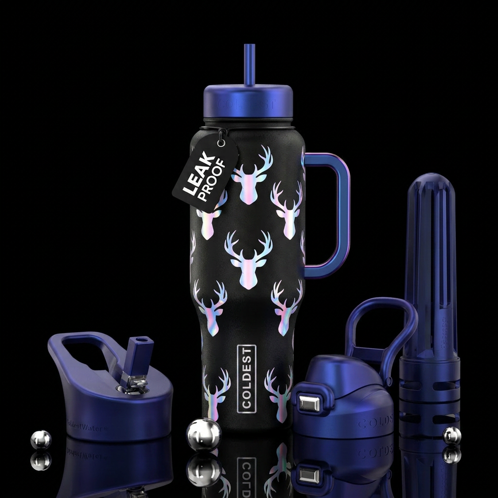 Black, holographic white buck, water bottle design