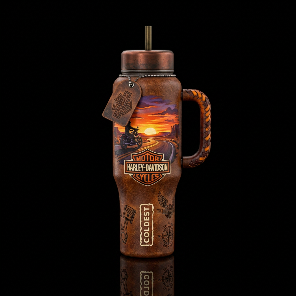 Leather, Harley Davidson,  sunset water bottle design