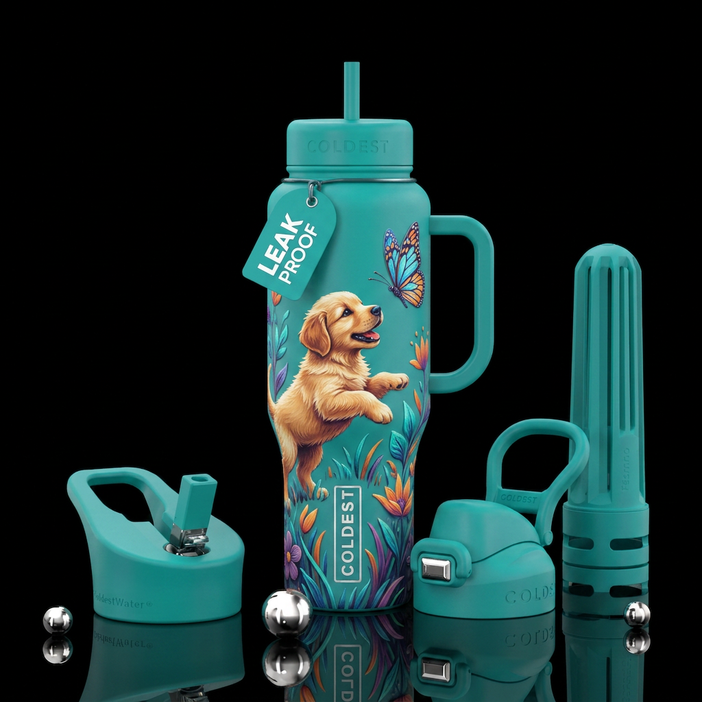 Puppy playing w/ butterfly water bottle design