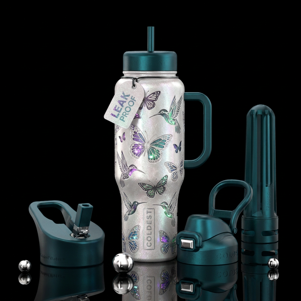 White shimmer, butterfly,  Hummingbird,  glowie, t... water bottle design
