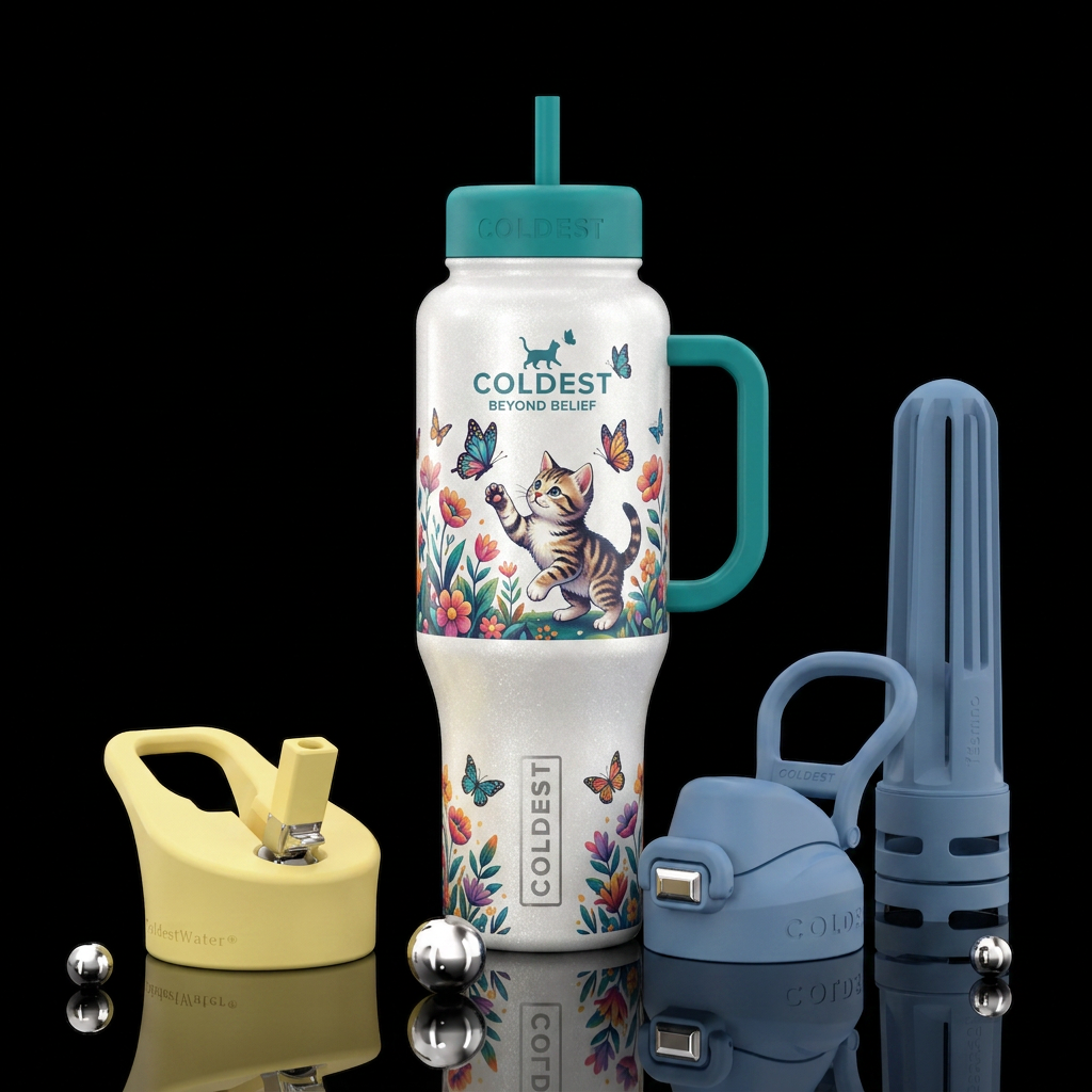 White shimmer, Cat playing, Butterfly,  texture water bottle design