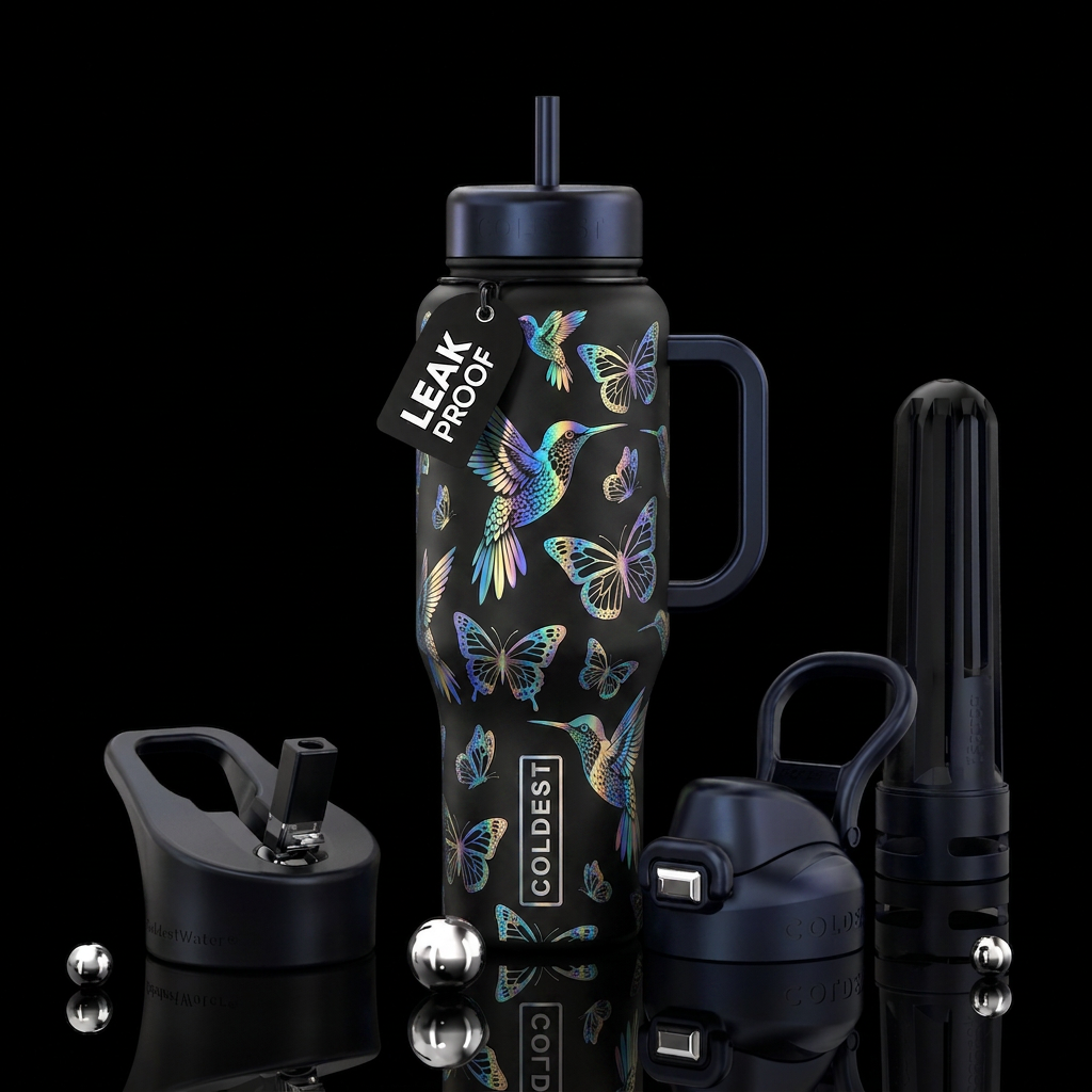 Black, holographic Hummingbird & butterflies water bottle design