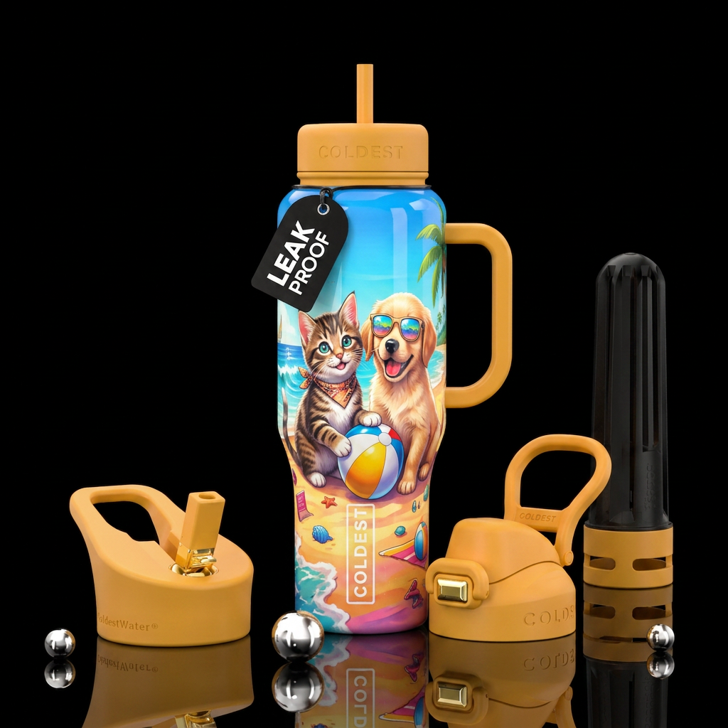 Cat & puppy on a beach day water bottle design