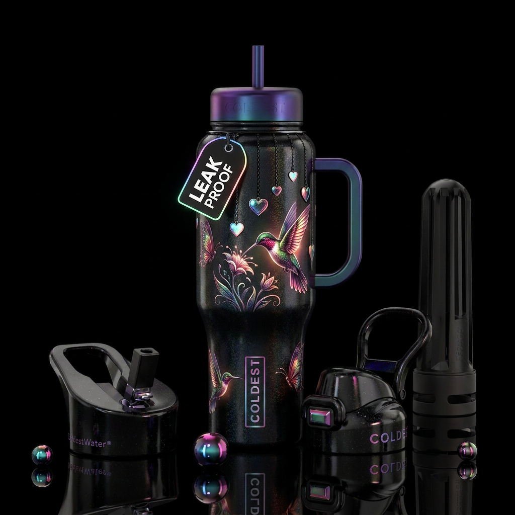 Black shimmer, glowie, Hanging  hearts, Hummingbir... water bottle design