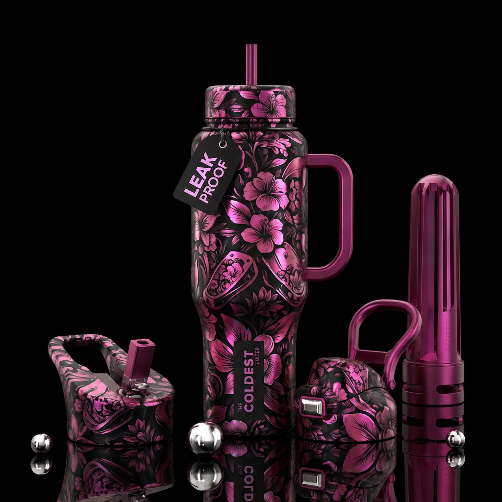 Black, holographic, pink pedals floral water bottle design
