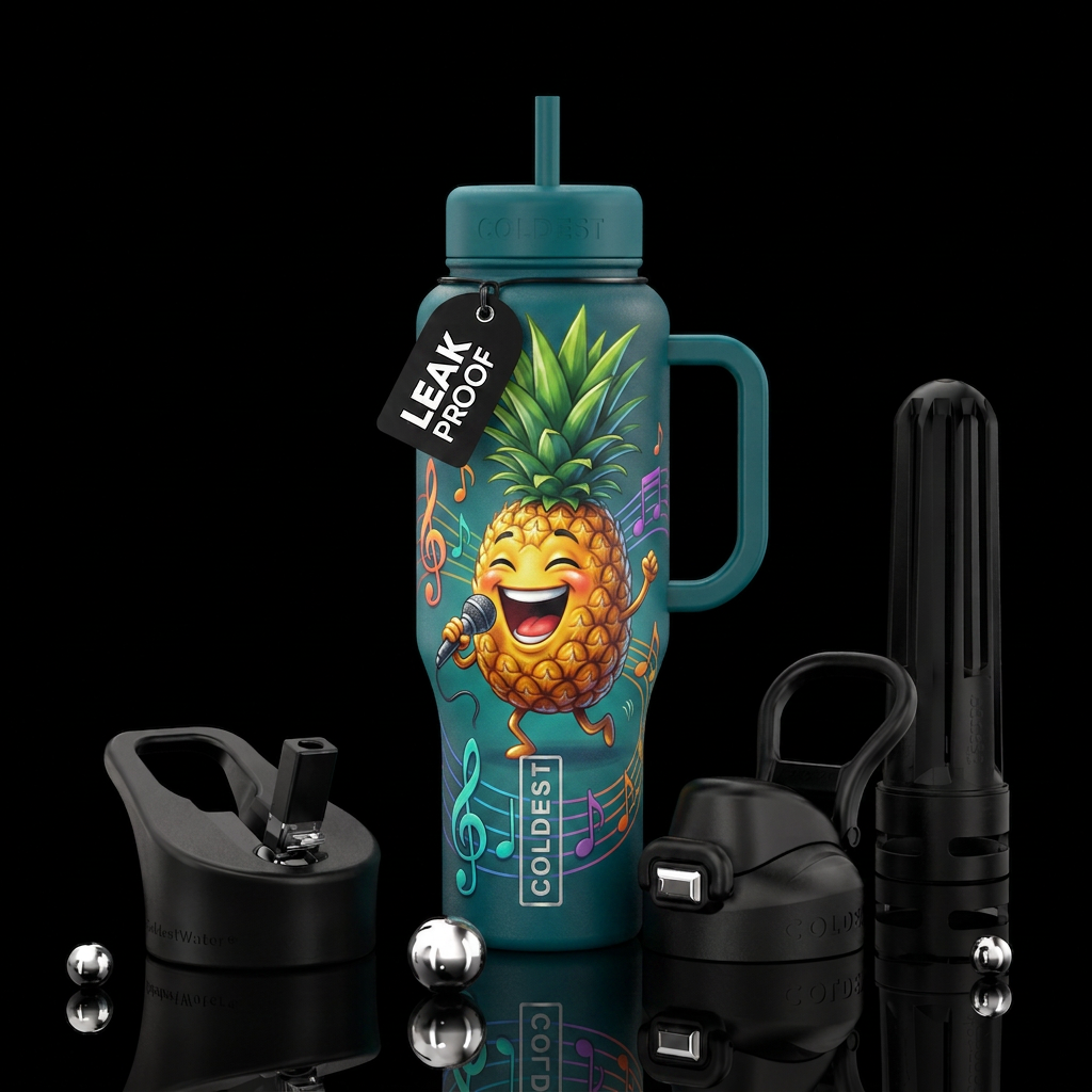 A singing, dancin pineapple,  music notes water bottle design