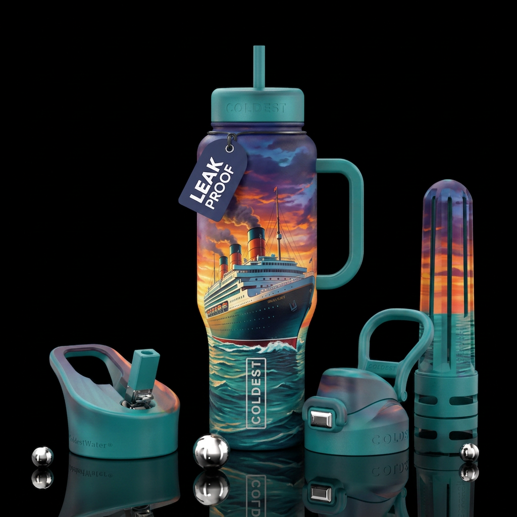 Sea, teal waters, sunset, cruise ship water bottle design