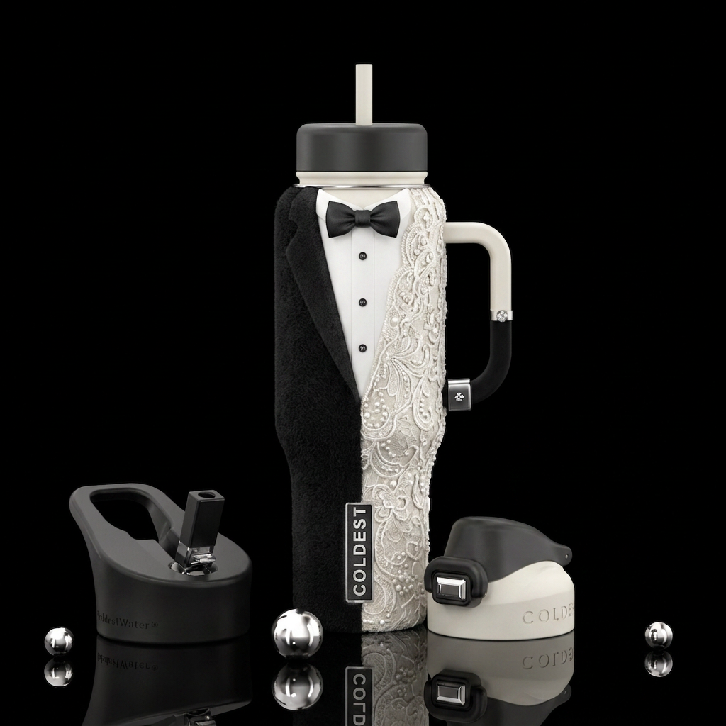 Hald tuxedo & half wedding dress water bottle design