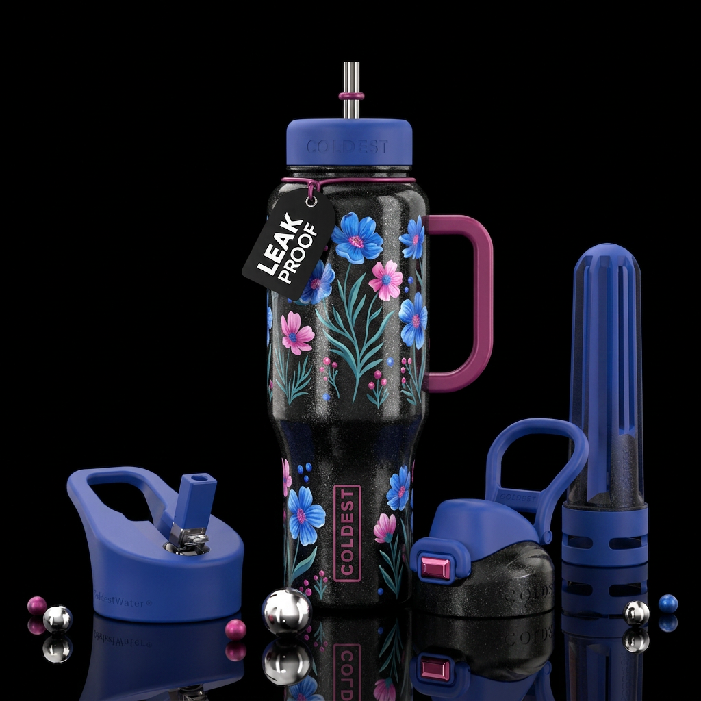 Blu & pink flowers on shimmery black water bottle design