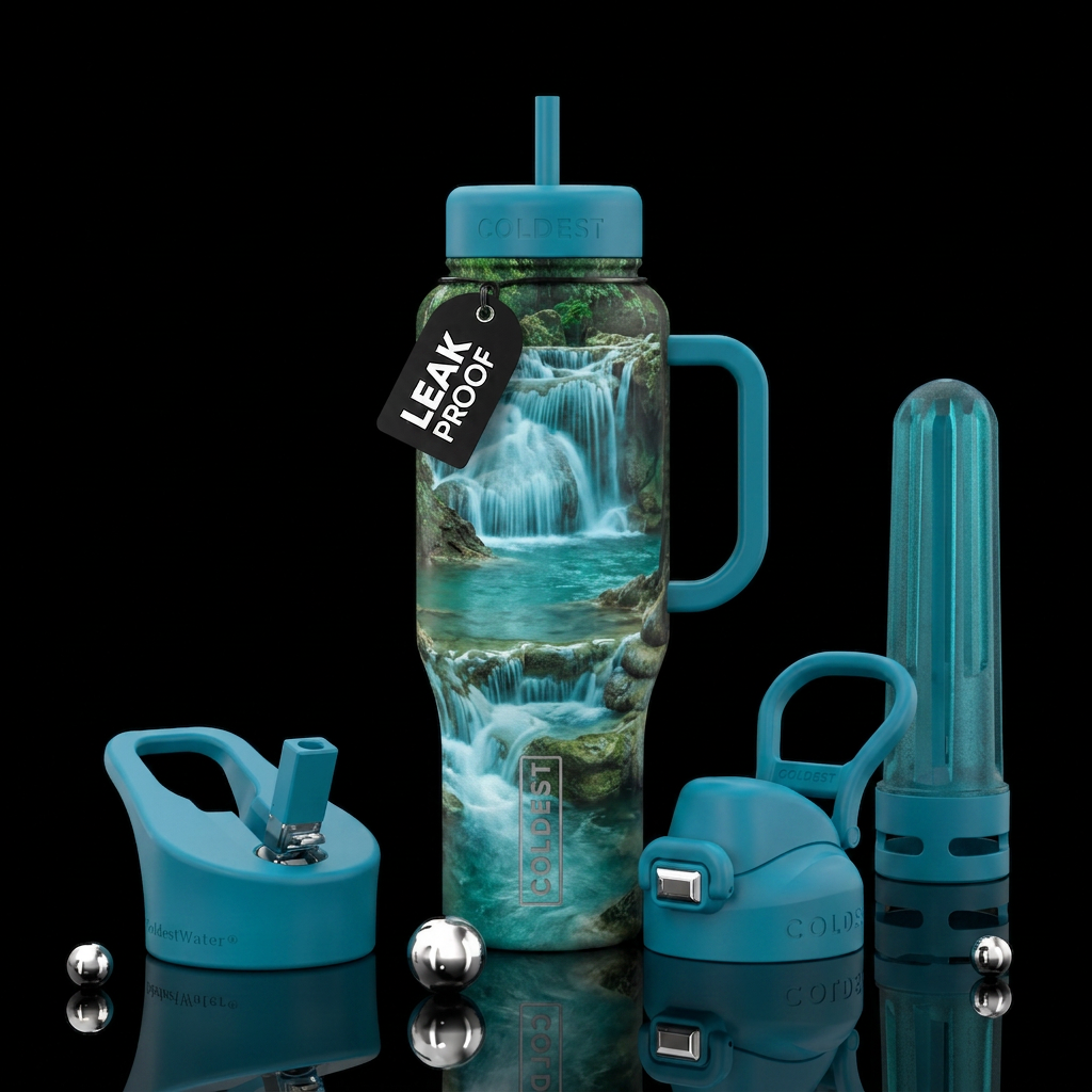 Waterfall, teal waters, rocks beautiful water bottle design