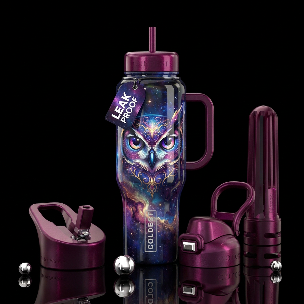 Galaxy Owl, beautiful colors, shiny, water bottle design