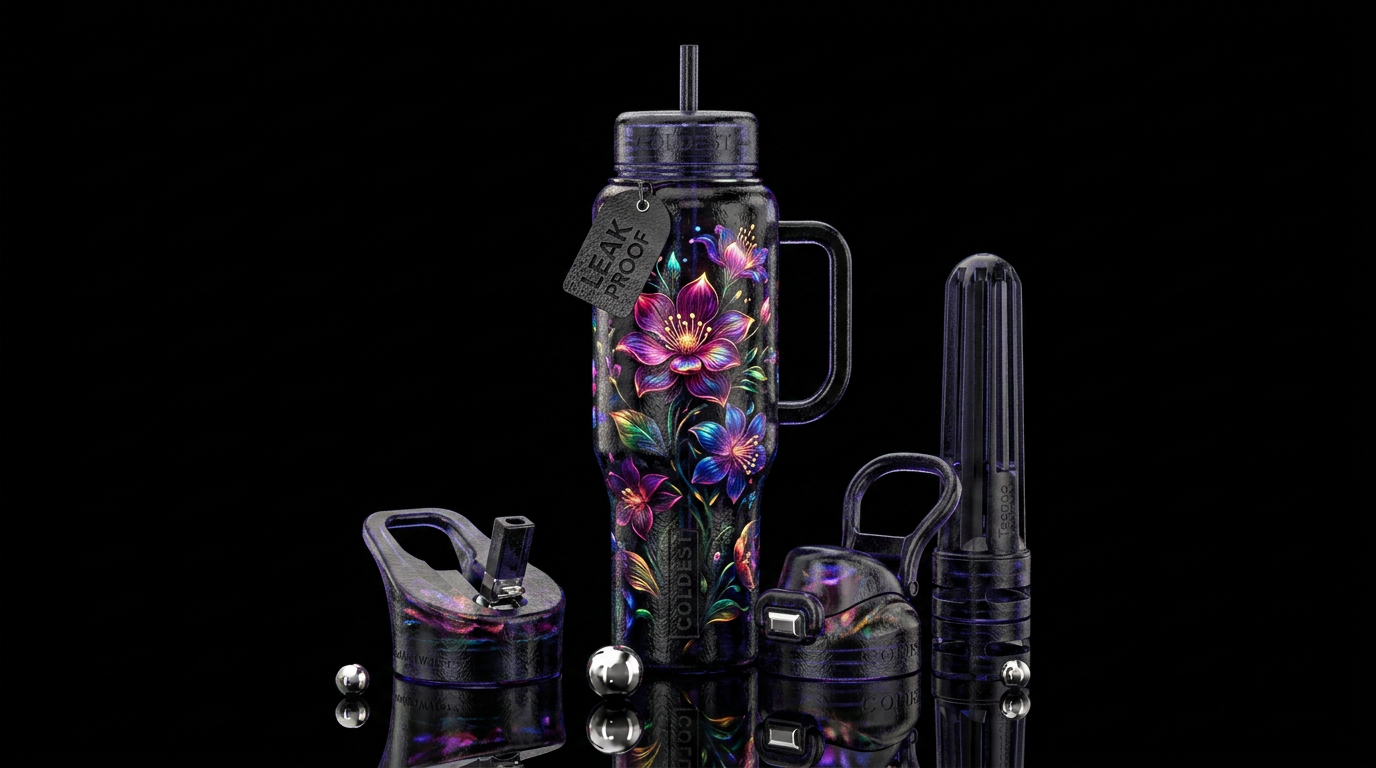 Black glass, shawdow,  inbued, flowers, glowie, te... water bottle design