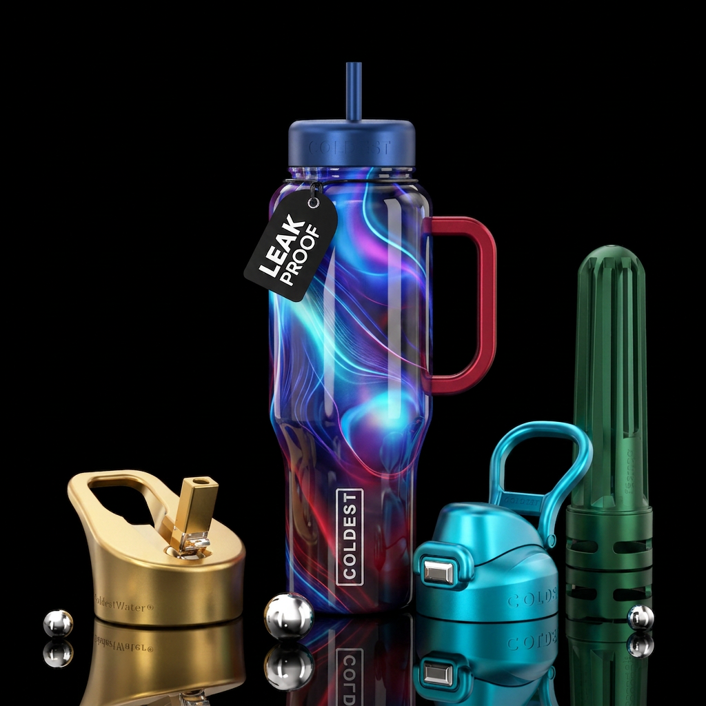 modern, luxurious, abstract,, stylistic, glowie water bottle design