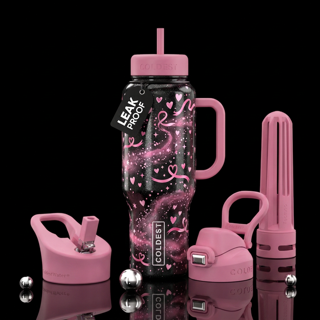 Black w/ Pink galaxy hearts, ribbons, whimsical, s... water bottle design