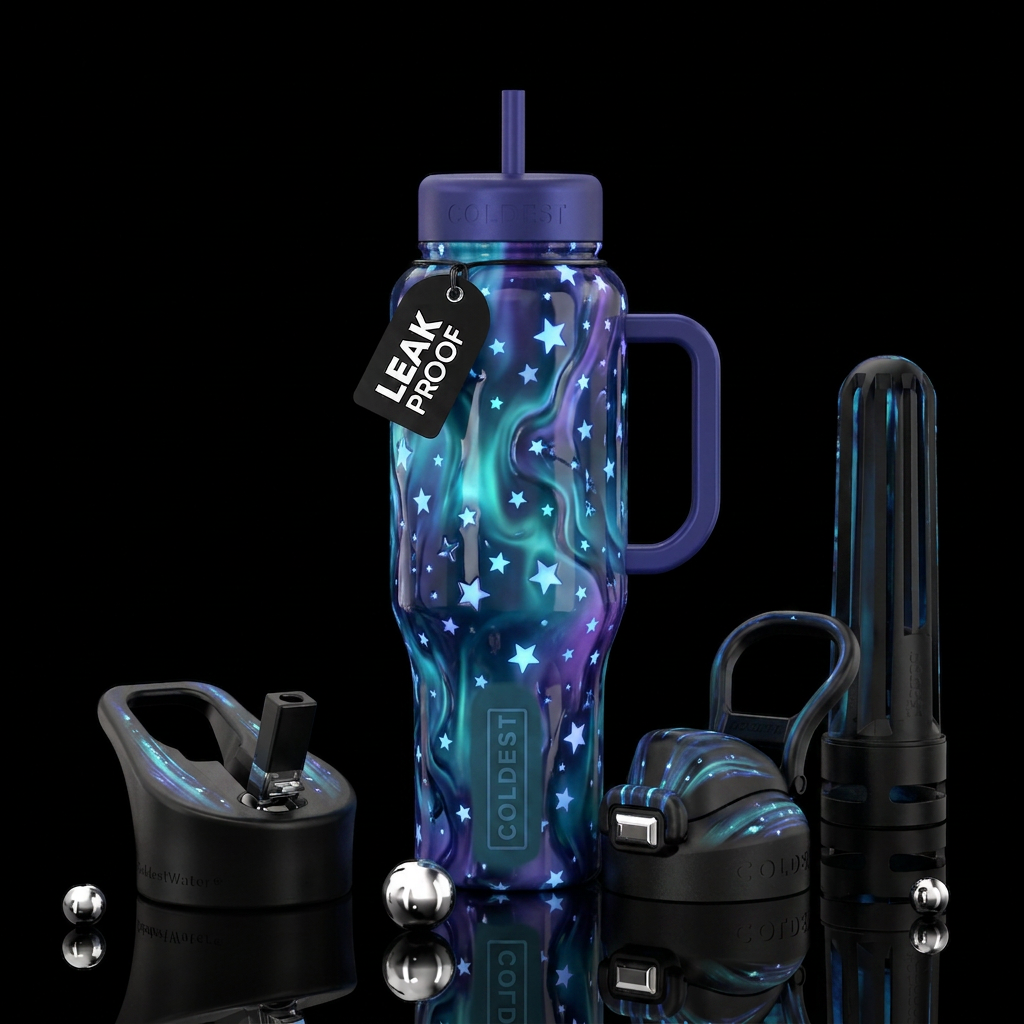 Glowing Arora, melting, medium stars water bottle design